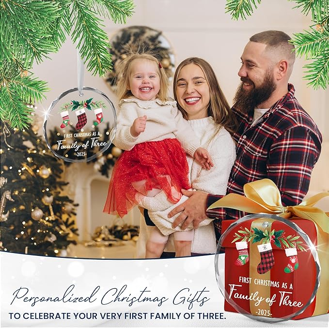 Baby's First Christmas Ornaments 2025 - Christmas Tree Decoration Glass Ornaments - New Parents Mom Dad, Baby First Ornament, First Christmas As A Family of Three, Ideal for New Mom Dad