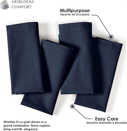 Navy Blue Cloth Napkins 18x18 Inch - Set of 12-100% Cotton, Soft, Absorbent, Washable, Reusable - Elegant Table Linen with Hemstitch Mitered Edges for Weddings, Dinner, Holiday