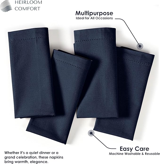 Navy Blue Cloth Napkins Set of 6, 18 x 18 Inch - 100% Cotton, Reusable, Soft, Absorbent, Washable - Elegant Hemstitch Mitered Edges - Ideal for Weddings, Dinner, Holiday Gatherings