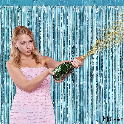 4 Pack Light Blue Fringe Curtain Backdrop, 3.2Ft x 8.2Ft Metallic Tinsel Foil Fringe Streamers Curtains Background for Photo Booth Birthday Wedding Baby Shower Party Thanksgiving Christmas Decorations