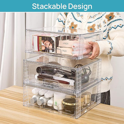 Vtopmart 6 Pack Large Stackable Storage Drawers,Easily Assemble Clear Acrylic Bathroom Closet Undersink Organizers,Plastic Storage Bins for Cabinet,Kitchen Pantry,Medicine Organization
