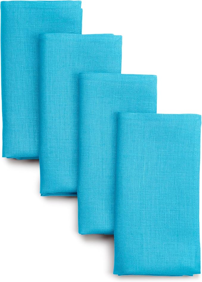 D'Moksha Homes Cyan Blue Linen Napkins 18 x 18 Inch - 100% Pure Linen Cloth Washable Dinner Napkins Set of 4 for Winter, Christmas, Holiday