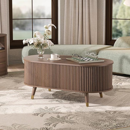 42.5" Oval Lift Top Coffee Table with Storage, Mid Century Modern Walnut Center Table with Fluted Design, Pop Up Coffee Table for Living Room,Solid Wood Legs & Hidden Compartment,