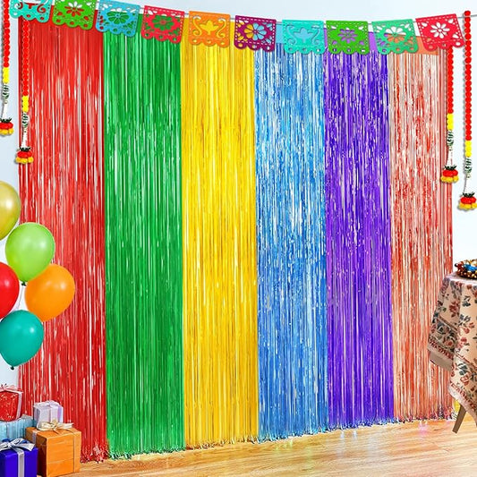 Mexican Style Rainbow Tinsel Backdrop Foil Fringe Curtains - 2 Packs Door Streamers Backdrop for Birthday Door Decorations, Party Supplies for Bachelorette, Christmas, Cinco De Mayo Decorations