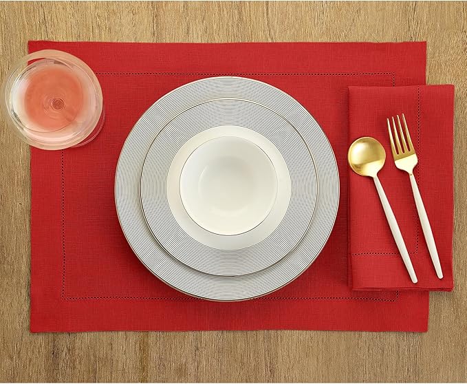 Solino Home Red Linen Napkins Set of 6-100% Pure Linen Hemstitch Dinner Napkins 20 x 20 Inch for Christmas, Holiday, Winter, New Year - Classic Hemstitch