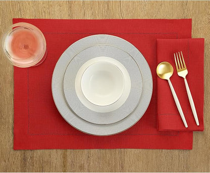 Solino Home Red Linen Napkins Set of 6-100% Pure Linen Hemstitch Dinner Napkins 20 x 20 Inch for Christmas, Holiday, Winter, New Year - Classic Hemstitch