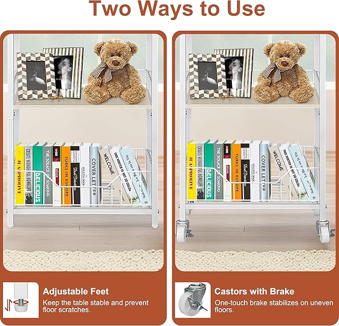 4-Tier Small Side Table with Storage Drawer, Tall Nightstand with Wheels & Basket, Rolling Bathroom Table for Small Spaces, Bedroom, Living Room, Dorm, White and Natural