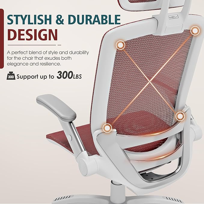 GABRYLLY Ergonomic Office Chair, High Back Home Desk Chair with Headrest, Flip-Up Arms, 90-120° Tilt Lock and Wide Cushion, 300LBS Mesh Chairs for Man Woman, White Task Chair(Red,GY01WR)