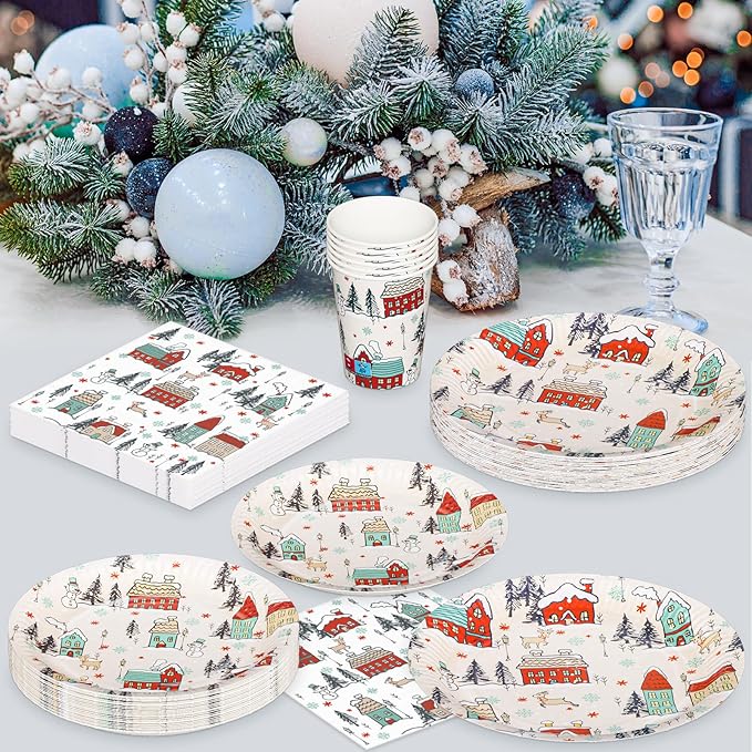 YY 100 Christmas Party Paper Plates Napkins and Cups Set Xmas Village Disposable Dinnerware Set
