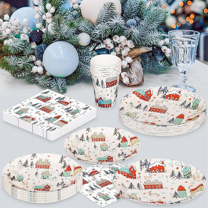 YY 100 Christmas Party Paper Plates Napkins and Cups Set Xmas Village Disposable Dinnerware Set
