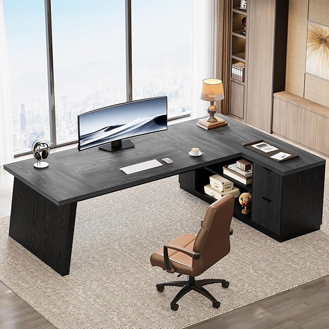 Tribesigns 78" L Shaped Desk with Drawers, Lage Office Desk with Storage Shelves, Modern Corner Computer Desk for Home Office (Gray and Black)