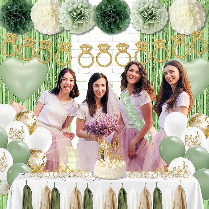 Sage Green Bachelorette Party Decorations, Bride to Be banner, Bridal Shower Decorations with Balloons,Bridal Sash, Paper Pompoms for Bachelorette Engagement Party favors