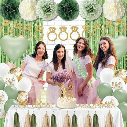 Sage Green Bachelorette Party Decorations, Bride to Be banner, Bridal Shower Decorations with Balloons,Bridal Sash, Paper Pompoms for Bachelorette Engagement Party favors