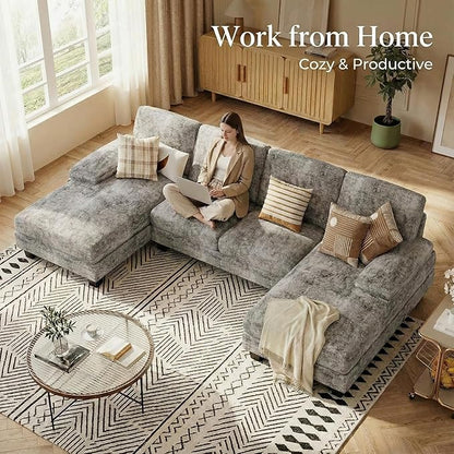 Homall Modular Sectional U Shaped Sofa Couches for Living Room, Comfy Chenille 4 Seat Sofa Set with Removable Pillows, Lounge Chaise Upholstered Couch for Apartment (Chenille, Grey)