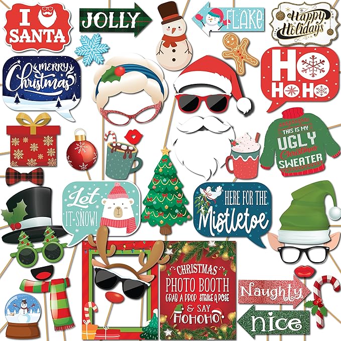 Christmas Photo Booth Props - 41-pc Photobooth Kit with 8 x 10-Inch Sign, 60 Adhesive Pads, 45 Sticks - Christmas Photobooth Props - Holiday Photobooth Prop