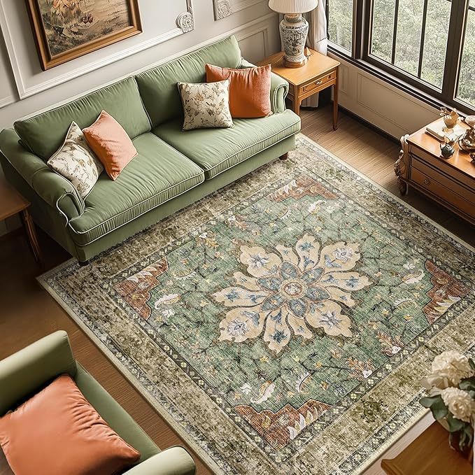 Area Rugs Square 8ft Washable Non-Slip, Floral Vintage Distress Print Pattern Medallion Carpet for Living Room Bedroom Dining Room, Brick Red Rust Neutral Brown Burnt Orange Green