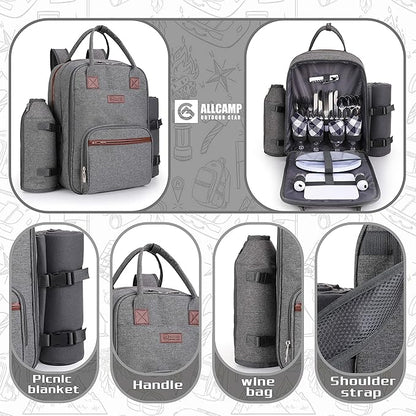 ALLCAMP OUTDOOR GEAR Picnic Backpack for 4 Person W/ Detachable Wine Holder, Insulated Food Compartment and Picnic Cutlery for Family Outdoor Camping and Gift (Grey)