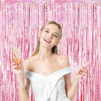 3 Pack 3.3x8.2 Feet Laser Pink Foil Fringe Backdrop Curtains, Tinsel Streamers Birthday Party Decorations, Fringe Backdrop for Graduation, Baby Shower, Gender Reveal, Disco Party