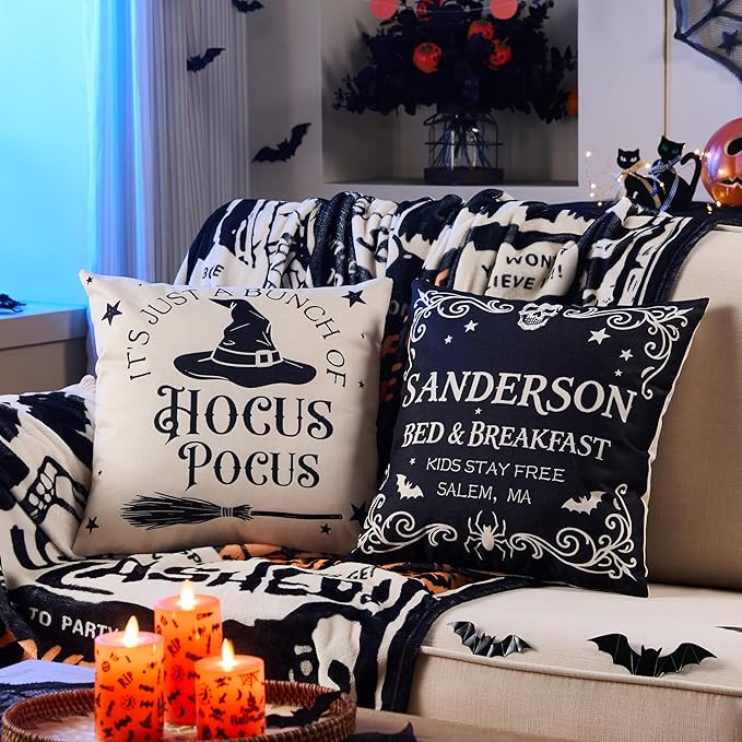 Halloween Decorations Pillow Covers 18x18 Inch,Set of 4 Vintage Halloween Decor Indoor Outdoor Throw Pillow Covers, Hocus Pocus Farmhouse Saying Linen Cushion Case for Home Sofa Couch Bedroom Chair