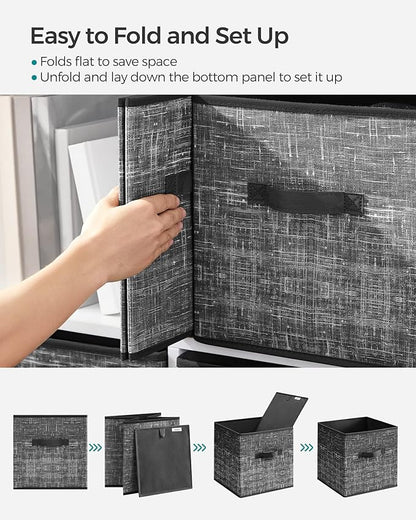 SONGMICS Storage Cubes, 11.8-Inch Non-Woven Fabric Bins with Double Handles, Set of 6, Closet Organizers for Shelves, Foldable, for Clothes, Classic Black UROB030B01