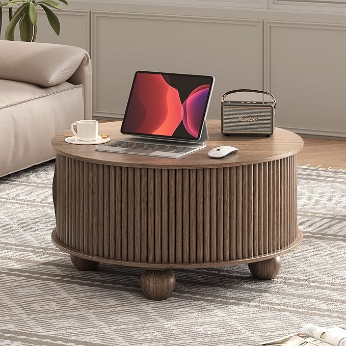 Round Coffee Table with Storage, 31.5" Walnut Fluted Drum Center Table, Mid Century Modern Wood Circle Table with Sliding Door & Bun Feet for Living Room