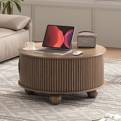 Round Coffee Table with Storage, 31.5" Walnut Fluted Drum Center Table, Mid Century Modern Wood Circle Table with Sliding Door & Bun Feet for Living Room