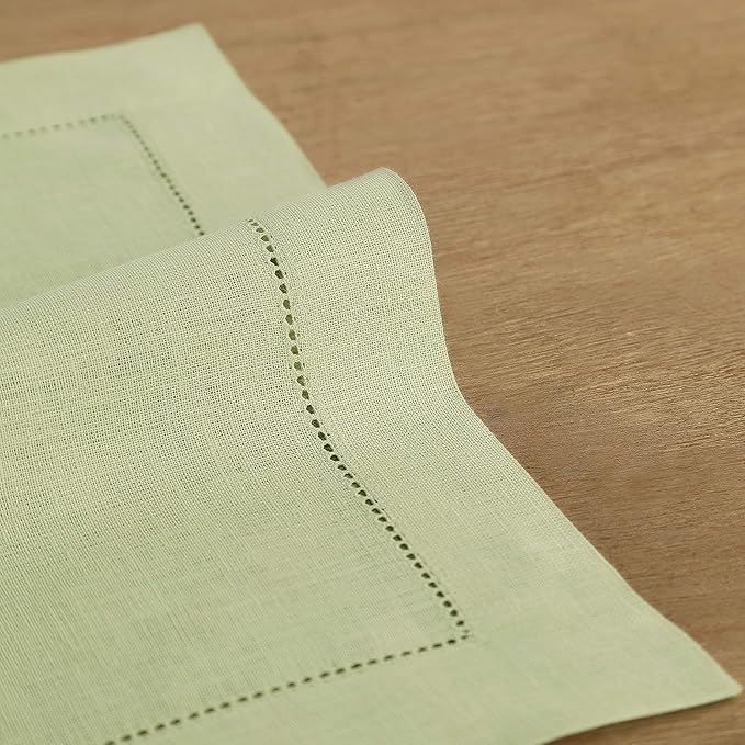 Solino Home Linen Cloth Placemats Set of 6-100% Pure Linen Hemstitch Sage Green Placemats 14 x 19 Inch - Classic Hemstitch Table Place Mats for Fall, Autumn, Christmas, Winter, New Year