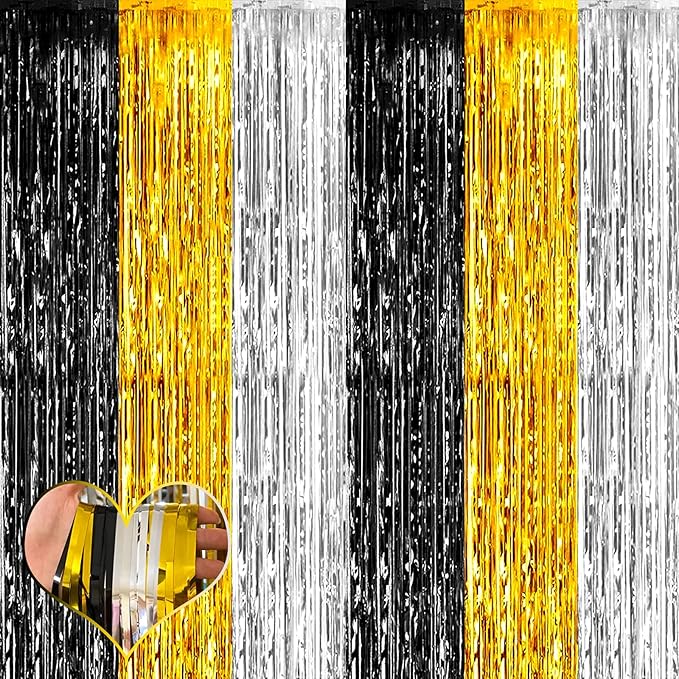4 Pack 3.2Ft x 8.2Ft Black Gold Silver Fringe Curtain Backdrop, Metallic Tinsel Foil Fringe Streamers Curtains Background for Wedding Notorious One Birthday Roaring 20s Graduation Party Decoration