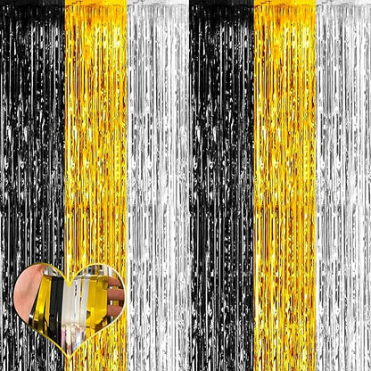 4 Pack 3.2Ft x 8.2Ft Black Gold Silver Fringe Curtain Backdrop, Metallic Tinsel Foil Fringe Streamers Curtains Background for Wedding Notorious One Birthday Roaring 20s Graduation Party Decoration