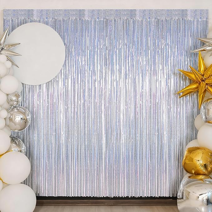 2 Pack Tinsel Backdrop, 3.28 FT x 7.05 FT Glitter Silver Fringe Curtains, Metallic Party Streamer Tinsel Backdrop Foil Curtains, Disco Party Supplies Engagement Decorations Bachelorette Decor