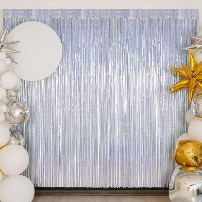 2 Pack Tinsel Backdrop, 3.28 FT x 7.05 FT Glitter Silver Fringe Curtains, Metallic Party Streamer Tinsel Backdrop Foil Curtains, Disco Party Supplies Engagement Decorations Bachelorette Decor