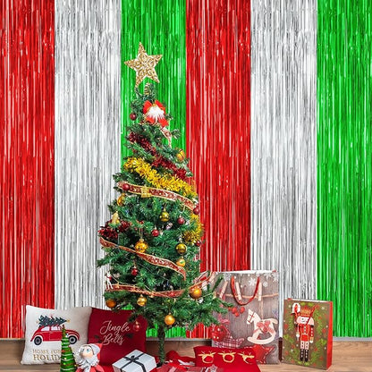 4 Pack Christmas Curtains, 3.28 FT x 7.05 FT Red Silver Green Foil Backdrop, Metallic Foil Fringe Curtains Party Streamer Picture Backdrop, Christmas Door Decorations Photo Props Party Supplies
