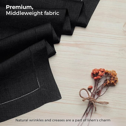 D'Moksha Homes Linen Black Table Runner 72 Inches Long - 100% Pure Linen Hemstitch Table Runner 14 x 72 Inch for Dresser, Dining, Winter, Christmas, Holiday - Classic Hemstitch
