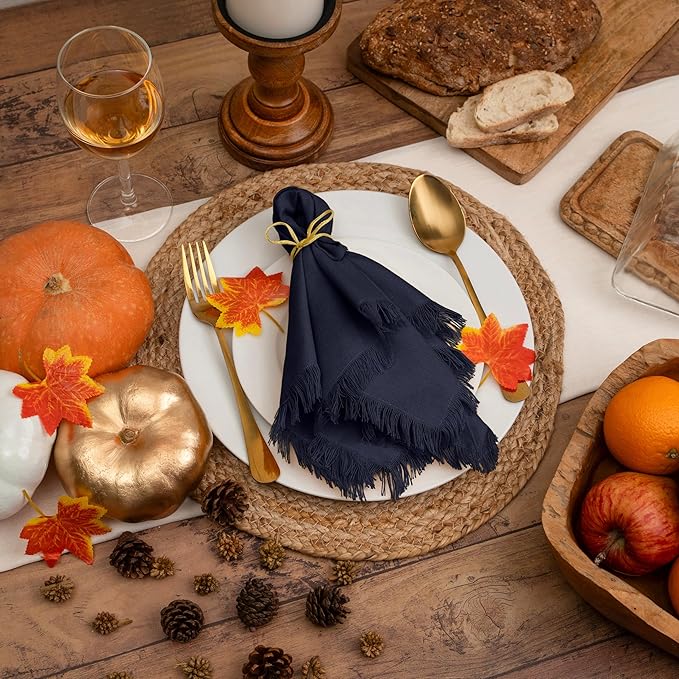 Blue Needles Handmade Cotton Linen Cloth Napkins with Fringes - Set of 6 Navy Blue Dinner Table Napkins 18x18 Inch Hemmed Edges Washable, Soft, Reusable, Perfect for Fall Thanksgiving & Family Dinner