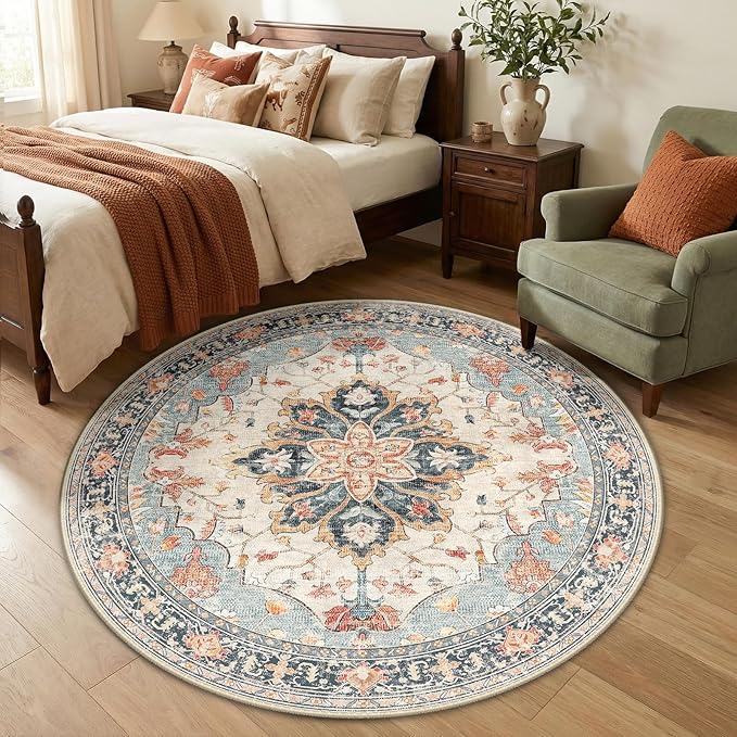 Area Rugs 5ft Washable Non-Slip, Floral Vintage Distress Print Pattern Medallion Carpet for Living Room Bedroom Dining Room, Beige Navy Blue Orange Colorful