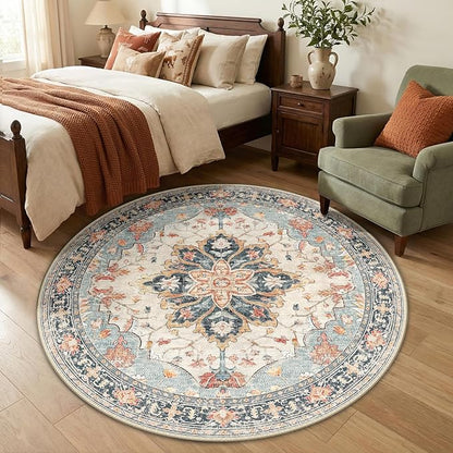 Area Rugs 5ft Washable Non-Slip, Floral Vintage Distress Print Pattern Medallion Carpet for Living Room Bedroom Dining Room, Beige Navy Blue Orange Colorful