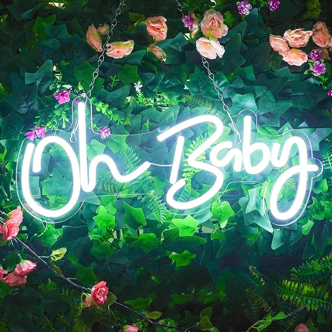 Oh Baby Neon Sign for Backdrop, 16.5”x 6.9” Dimmable Led Light up Sign for Baby Shower - Gender Reveal Birthday Party Decorations - White