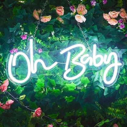Oh Baby Neon Sign for Backdrop, 16.5”x 6.9” Dimmable Led Light up Sign for Baby Shower - Gender Reveal Birthday Party Decorations - White