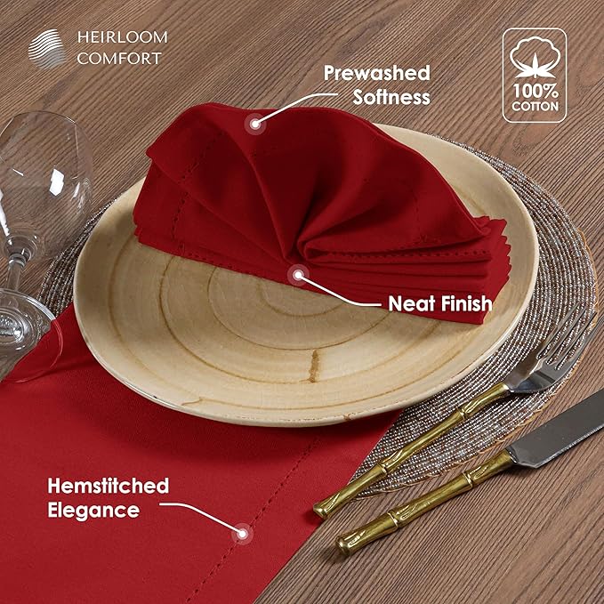 Red Cloth Napkins 18 x 18 Inch, 6 Pack - 100% Cotton, Soft, Durable, Absorbent, Washable - Hemstitch Mitered Edges - Perfect for Dinner, Parties, Events, Weddings, Everyday Use
