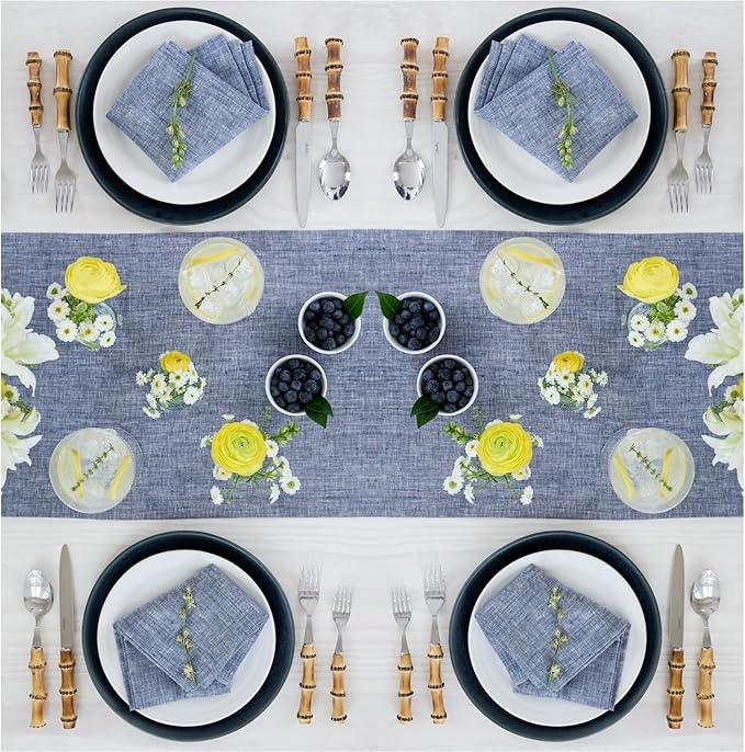 Solino Home Linen Short Table Runner 60 Inches - Athena, 100% Pure Linen Chambray Indigo Table Runner 14 x 60 Inch Ideal for Dresser and Coffee Tables - Christmas, Holiday, Winter, New Year