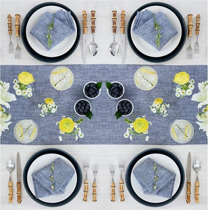 Solino Home Linen Short Table Runner 60 Inches - Athena, 100% Pure Linen Chambray Indigo Table Runner 14 x 60 Inch Ideal for Dresser and Coffee Tables - Christmas, Holiday, Winter, New Year
