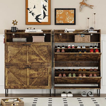 Shoe Cabinet with 2 Flip Drawers Narrow Shoe Storage Cabinet Organizer Wooden Freestanding Rack Hidden Slim Storage for Entryway, Hallway, Living Room, Bedroom (Brown)
