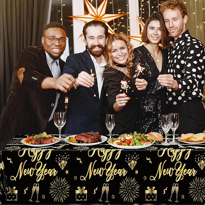 6 Pcs Happy New Year Tablecloth, 108" x 54" Rectangle Table Covers for New Years Eve Party Supplies, Black and Gold Firework Nye Tablecover 2026, Holiday Table Cover for NYE Party Supplies 2026 Decor