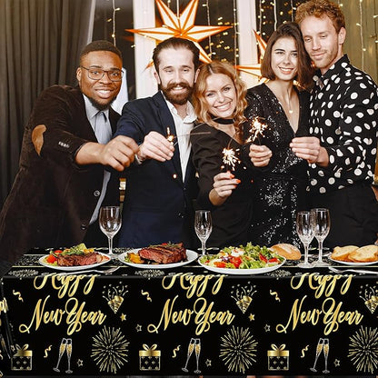 3 Pcs New Years Tablecloth, 108 x 54 Inches Disposable Plastic NYE Table Cover 2026, Rectangle New Years Eve Tablecloth with Black Gold Firework Design, Waterproof Table Cover for Nye Party Supplies
