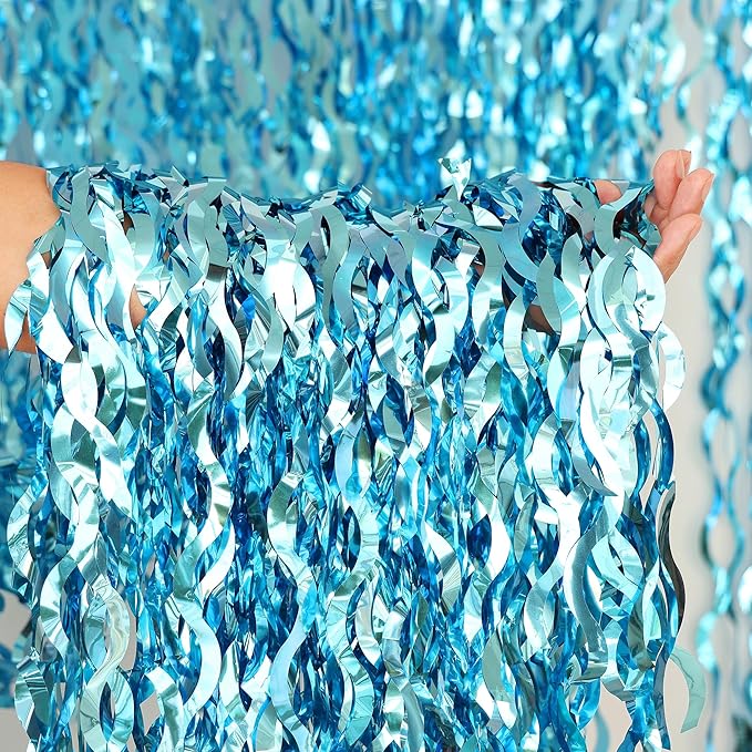 2 Pack 3.2x6.5 Feet Wavy Blue Backdrop Curtain Tinsel Streamers Foil Fringe Backdrop Ocean Themed Decor Baby Shower Bachelorette Disco Winter Under The Sea Summer Pool Beach Party Decorations
