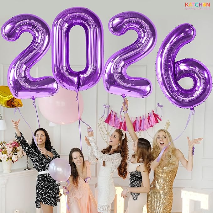 Katchon, Giant Purple 2026 Balloons - 42 Inch | Happy New Year Balloons | 2026 Balloon Numbers | Silver Balloon for New Years Decorations 2026 | NYE Decorations | New Years Eve Party Supplies 2026