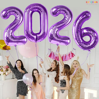 Katchon, Giant Purple 2026 Balloons - 42 Inch | Happy New Year Balloons | 2026 Balloon Numbers | Silver Balloon for New Years Decorations 2026 | NYE Decorations | New Years Eve Party Supplies 2026
