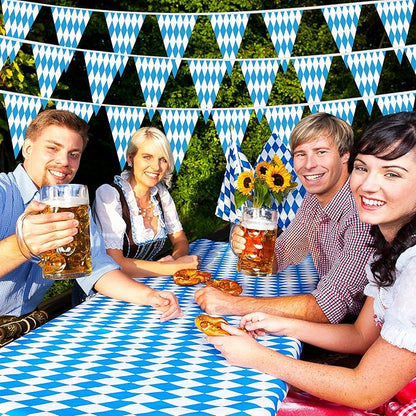 100 FT Oktoberfest Party Decorations, 3 Pack Pre-assemble Pennant Banner Flags, Plastic Blue and White Checkered Hanging Oktoberfest Decor German Bavarian Beer Festival Indoor Outdoor Party Supplies