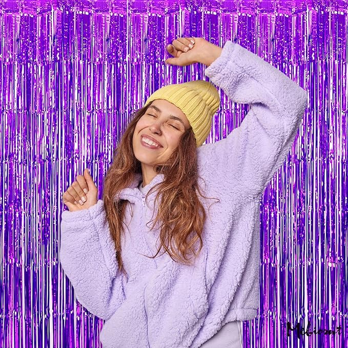 4 Pack Purple Fringe Curtain Backdrop, 3.2Ft x 8.2Ft Metallic Tinsel Foil Fringe Streamers Background for Photo Booth Birthday Wedding Baby Shower Carnival Easter Mother’s Day Party Decorations
