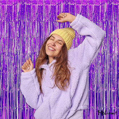 4 Pack Purple Fringe Curtain Backdrop, 3.2Ft x 8.2Ft Metallic Tinsel Foil Fringe Streamers Background for Photo Booth Birthday Wedding Baby Shower Carnival Easter Mother’s Day Party Decorations